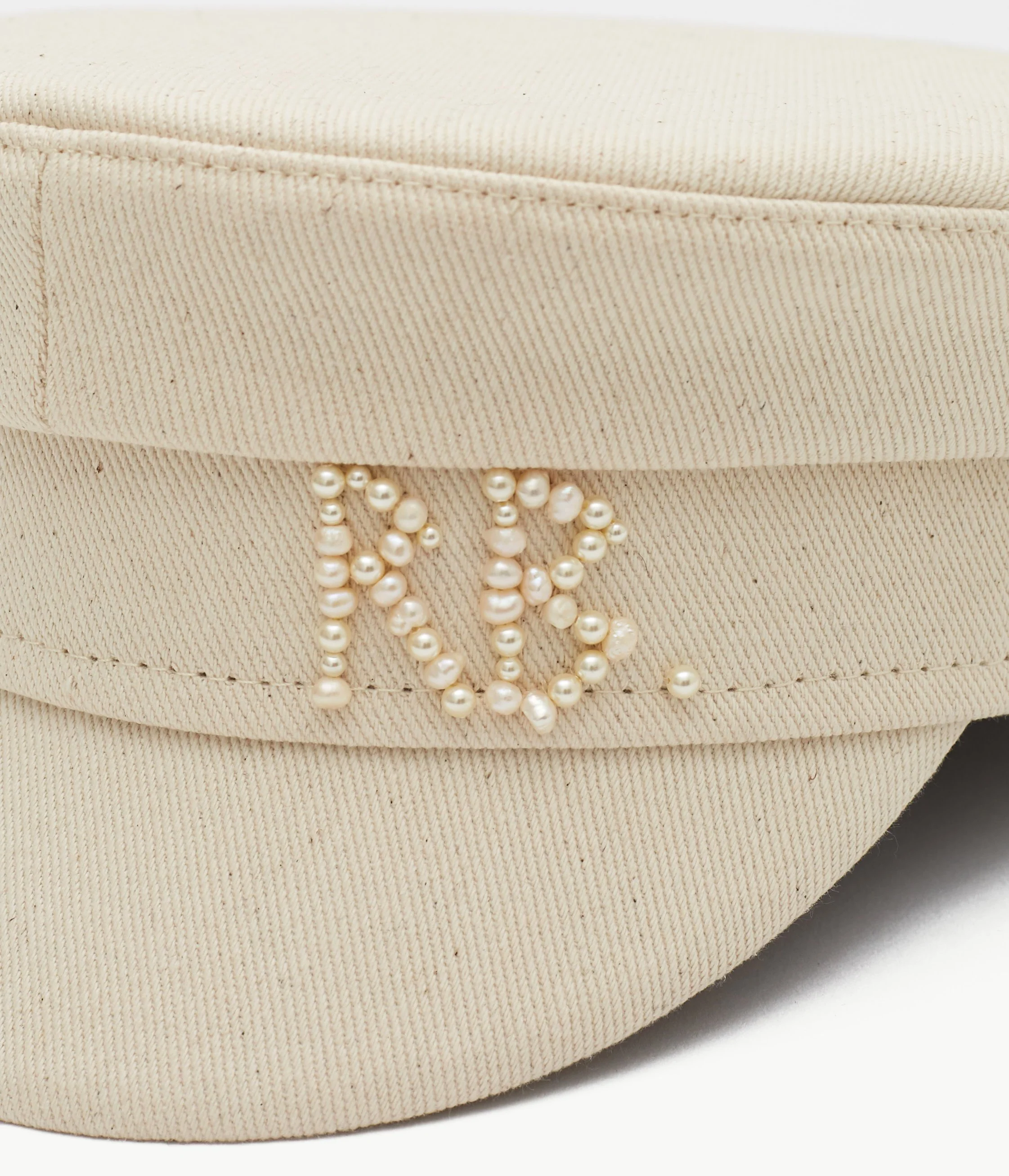 BAKER BOY CAP IN BEIGE WITH PEARL MONOGRAM